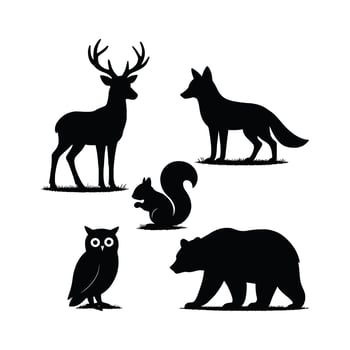 Wild Forest Animal Silhouettes of Deer Fox Bear Owl and Squirrel vector