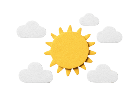 Bright yellow sun and white clouds for cheerful decor ideas png