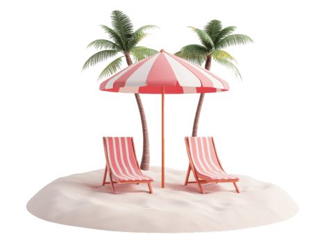 Relaxing beach scene with striped umbrella and lounge chairs png
