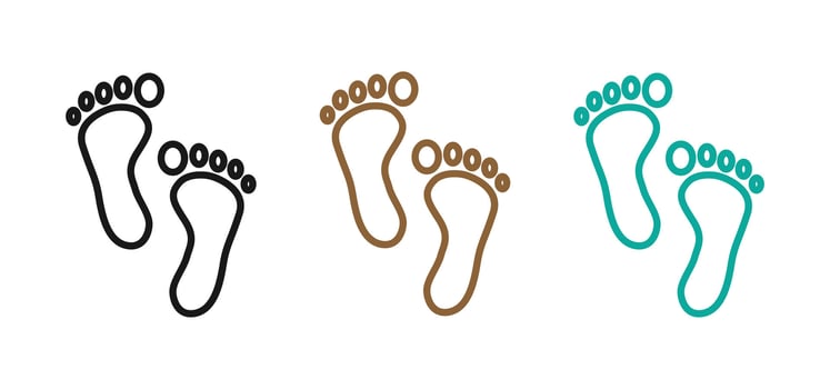 A simple graphic showing three pairs of footprints in black brown and teal. Each footprint is outlined and has simple toe details. vector