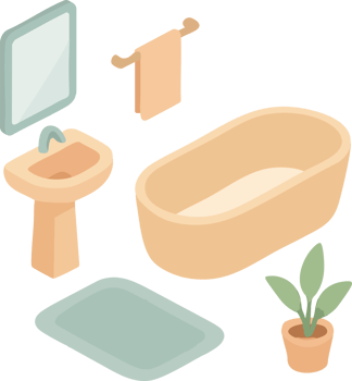 An isometric illustration of a cozy bathroom setup featuring a bathtub, png