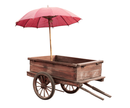 Vintage wooden cart with a red umbrella for outdoor markets png