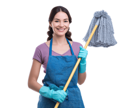 Cleaning woman smiling with mop in colorful apron and gloves png