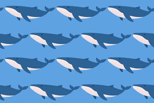 Pattern of cartoon whales on blue background vector