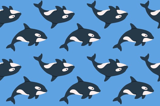 Seamless pattern with whales swimming on blue background. Ideal for ocean life illustrations, textile and kids designs vector