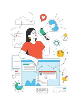 Woman Using Megaphone for Digital Marketing Campaign and Social Media Promotion vector