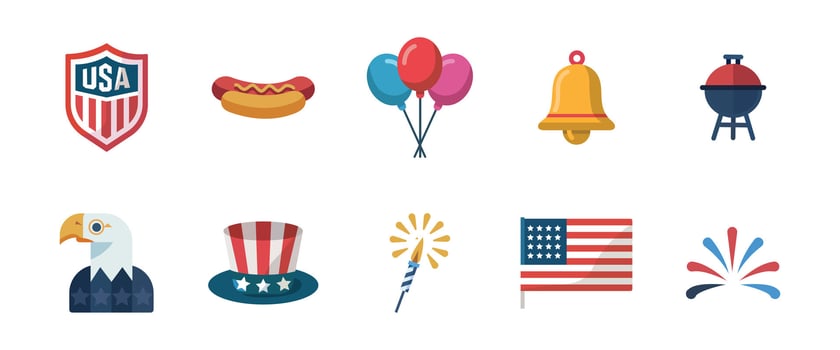 4th of July icon collection with American flag, bald eagle, hotdog, liberty bell, grill, fireworks, USA badge, balloons, and Uncle Sam hat for Independence Day vector