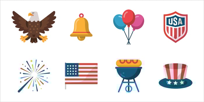 4th of July icons set with American flag, bald eagle, fireworks, grill, balloons, liberty bell, USA badge, and Uncle Sam hat for Independence Day celebrations vector