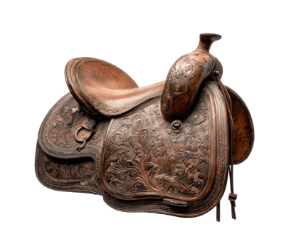 Intricately designed leather saddle for equestrian use and display png