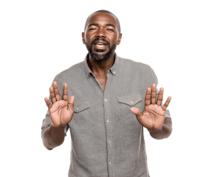 Engaging man gestures for attention while expressing a message png