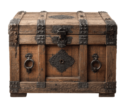 Vintage wooden treasure chest with metal accents for decor png