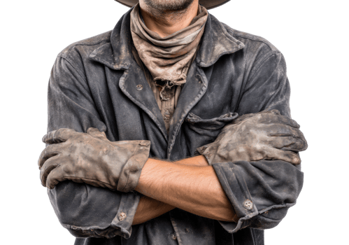 Sturdy worker in rugged gear, gloves on, arms crossed png