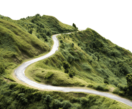 Winding road through lush green hills in sunny landscape png