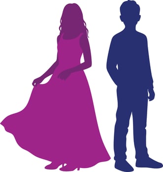 Silhouettes of girl in purple dress and boy in navy outfit simple illustration with white background vector