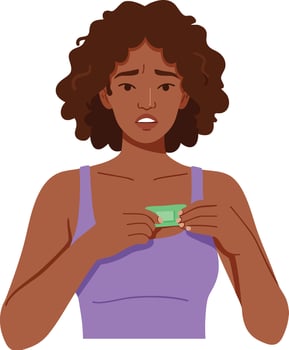 Woman with curly hair holding a condom in purple top promoting safe sex awareness and responsibility in health education illustration vector