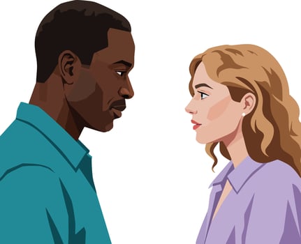 African American man and Caucasian woman face to face communication illustration with blue and purple clothing vector