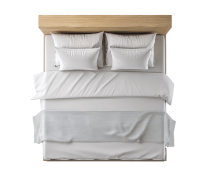 Modern bedroom with elegant white bedding and wooden headboard design png