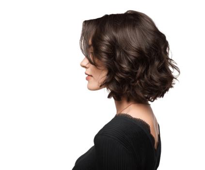 Stylish woman with curly hair and elegant attire on display png