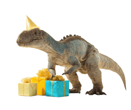 Dinosaur celebration with gifts and festive hat for birthday party png