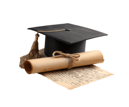 Graduation cap and rolled diploma on vintage parchment paper png