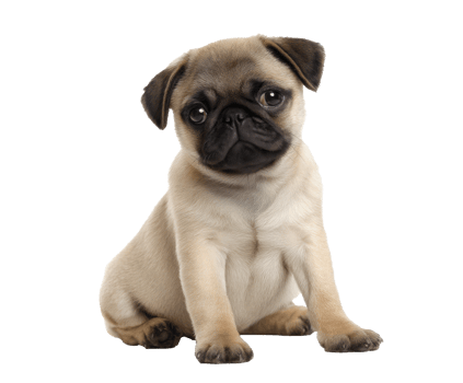 Playful pug puppy sitting with curious expression in studio setting png