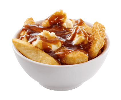 Classic poutine with crispy fries and savory gravy served in a bowl png