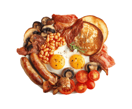 Hearty British breakfast served with eggs, bacon, and sausages png