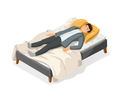 Businessman resting on bed in office attire during break time png