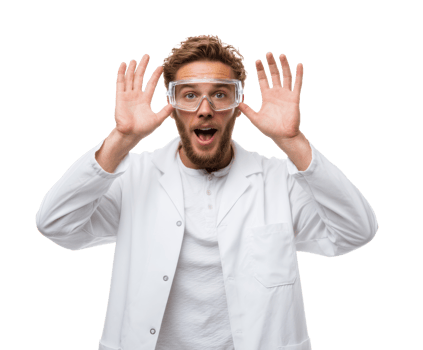 Exciting scientist expressing joy in laboratory setting with goggles png