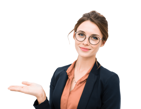 Professional woman presenting with a confident smile and glasses png