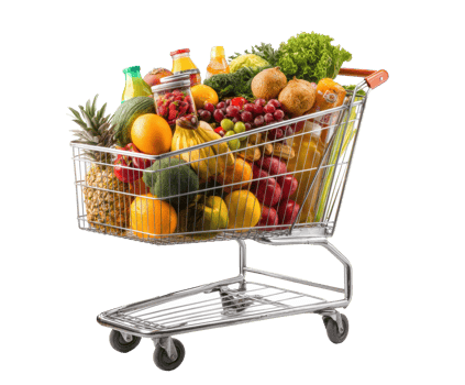 Colorful grocery cart filled with fresh fruits and vegetables png