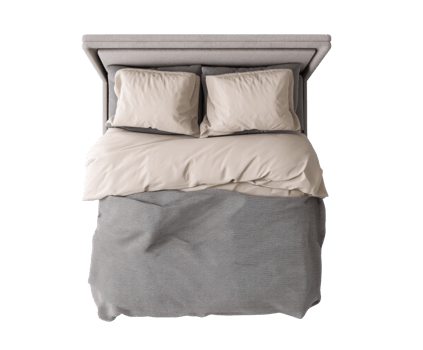 Modern bedroom design with stylish bedding in neutral tones png