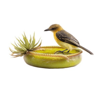 Vibrant bird perched on a unique plant in a natural setting png