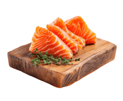 Fresh salmon fillets on a wooden cutting board with herbs png