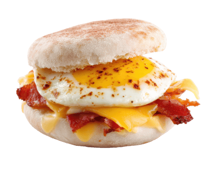 Breakfast sandwich with egg, bacon, and cheese on toasted muffin png