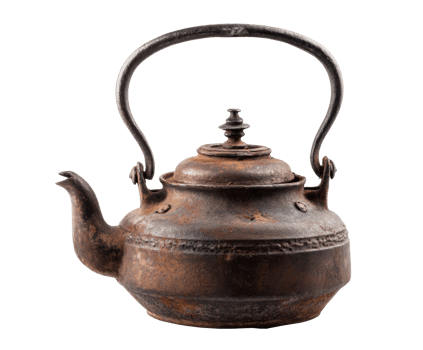 Vintage cast iron kettle with detailed design for decor and cooking png
