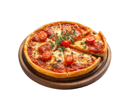Delicious pepperoni pizza served on a wooden board with fresh herbs png