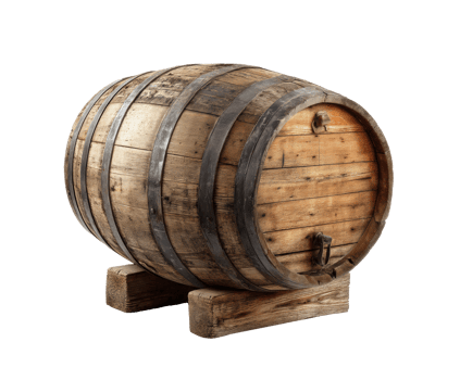 Wooden barrel on a stand for aging beverages or storage png
