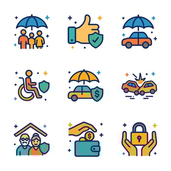 Icons depict various insurance types. Icon symbol illustration vector