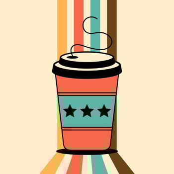 Colorful retro card with takeaway coffee cup with lid and sleeve. Nostalgic postcard for cafe branding, packaging, menu graphic and morning beverage visuals. Flat illustration in vintage 1950s style vector