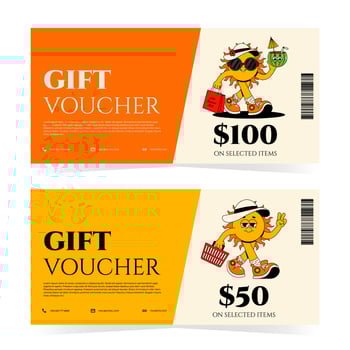 Sale gift voucher card, coupon promotion, certificate, ticket template, discount, sale banner. illustration set with funky groovy character sun vector