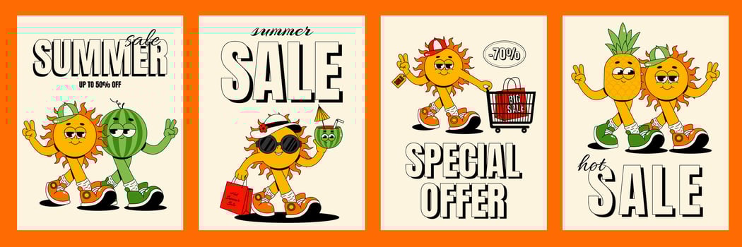 Summer sale poster set. Retro groovy walking characters sun, watermelon, pineapple. Flat illustration vector