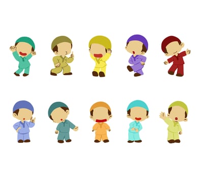 A cute illustration set featuring faceless and adorable Muslim boys in various poses, wearing traditional attire. Ideal for Islamic educational content, festive designs, children books, and cultural vector