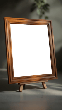 An empty wooden frame on a table with a plant png