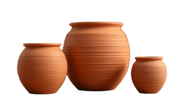 Earthenware Vessels, A Trio of Terracotta Pottery on a Clean Backdrop png