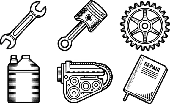 Illustration of automotive repair tools and engine components in black and white with a minimalist design vector
