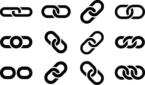 illustration of various black chain link graphics isolated on a white background for design concepts. vector