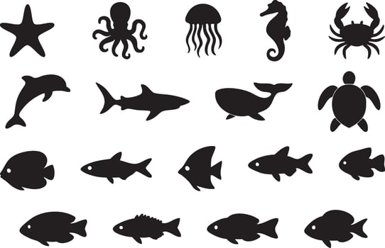 Ocean Creatures Silhouette Set vector