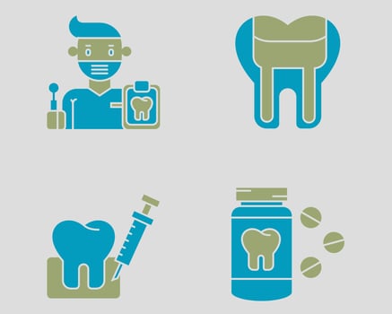 Dental icon set. Containing Dental therapist, pulpotomy, anesthesia, medicine. Solid dual color icon style vector
