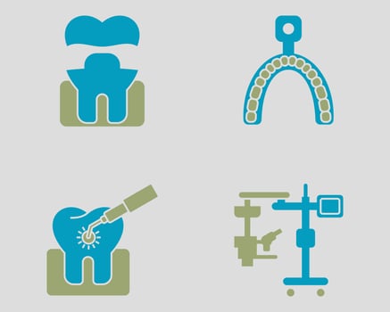 Dental icon set. Containing Gold crown, molds, Dental laser, surgical microscope. Solid dual color icon style vector